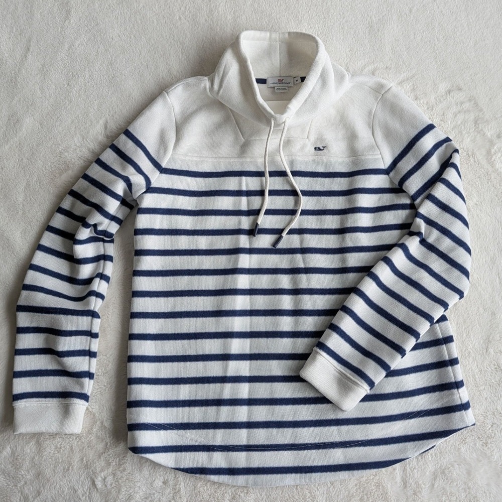Vineyard Vines Womens Striped Shep Funnel Neck Fleece Pullover Navy/White M